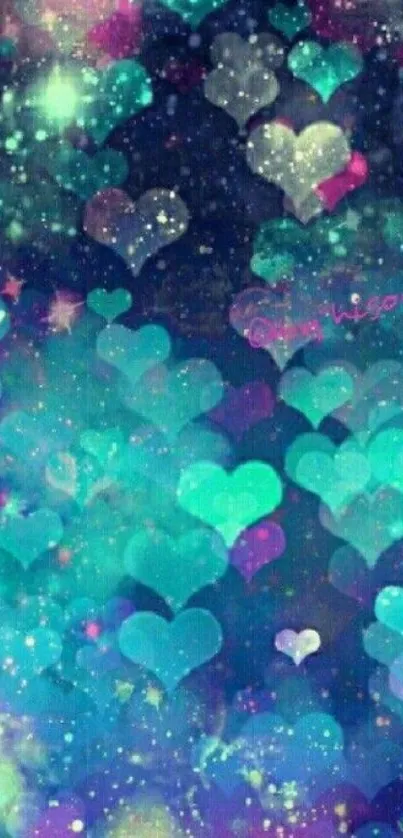 Colorful hearts and stars in galaxy design wallpaper.