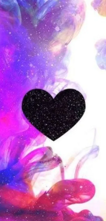 A vibrant wallpaper with a black glitter heart and colorful purple galaxy background.