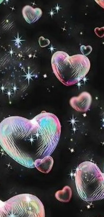 Colorful hearts floating in a galaxy with stars on a black background.