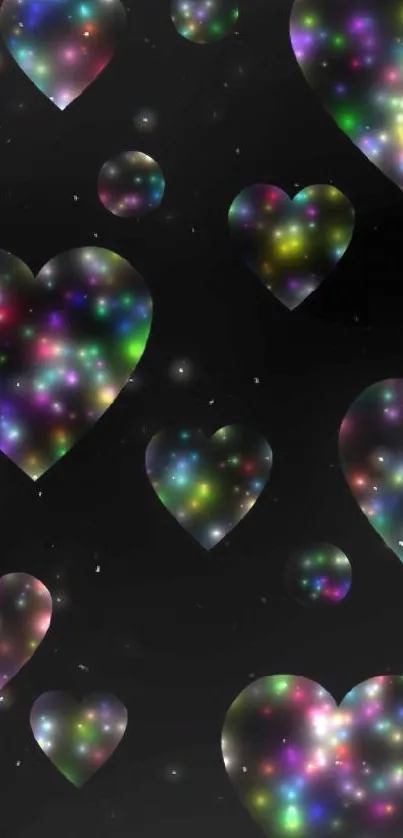 Colorful galaxy hearts wallpaper with a black background