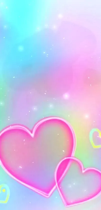 Pastel galaxy wallpaper with glowing hearts.