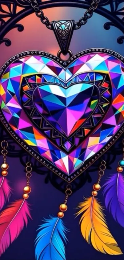 Colorful gemstone heart with feathers in vibrant art design.