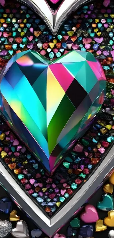 Vibrant heart-shaped gemstone on colorful pebble background.