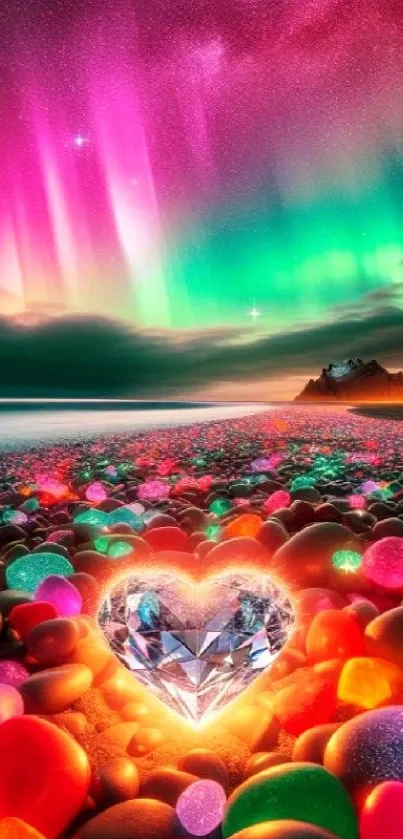 Vibrant fantasy wallpaper with aurora and heart gemstone