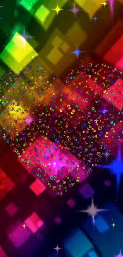 Vibrant geometric heart with colorful sparkle design.