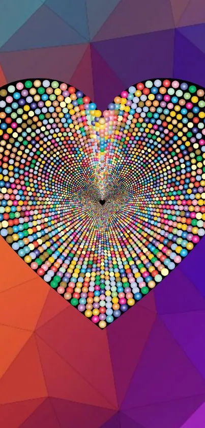 Colorful dotted heart on geometric background wallpaper.