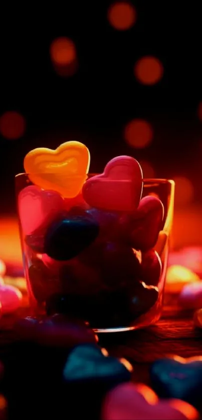 Vibrant mobile wallpaper of colorful heart-shaped candies in a glass.