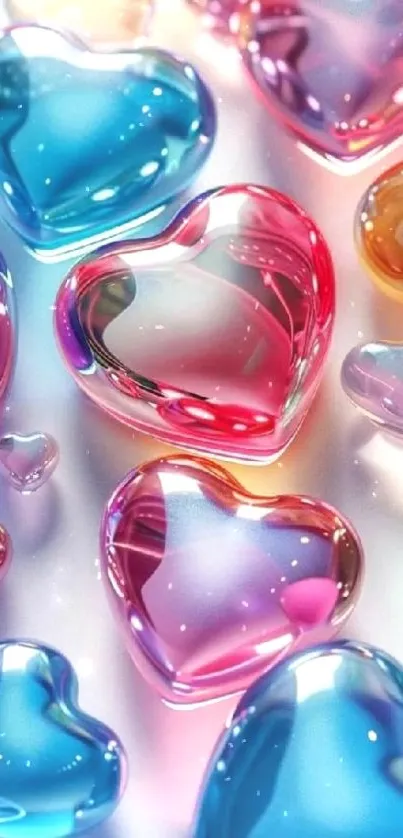 Colorful glass hearts with vibrant shades on a mobile wallpaper.