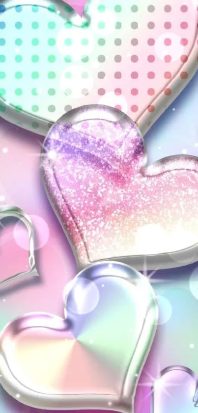 Colorful glitter hearts on pastel background wallpaper.