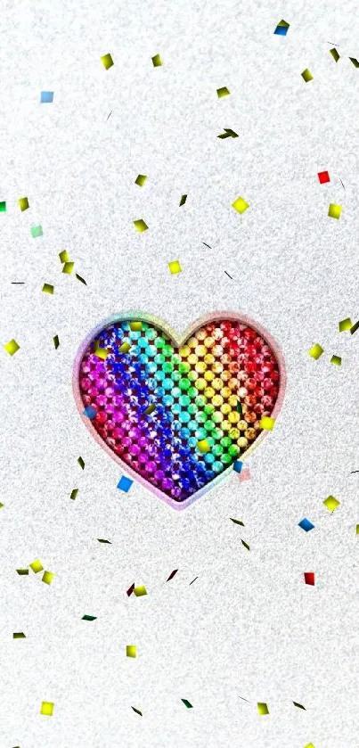 Colorful heart glitter phone wallpaper with rainbow accents.