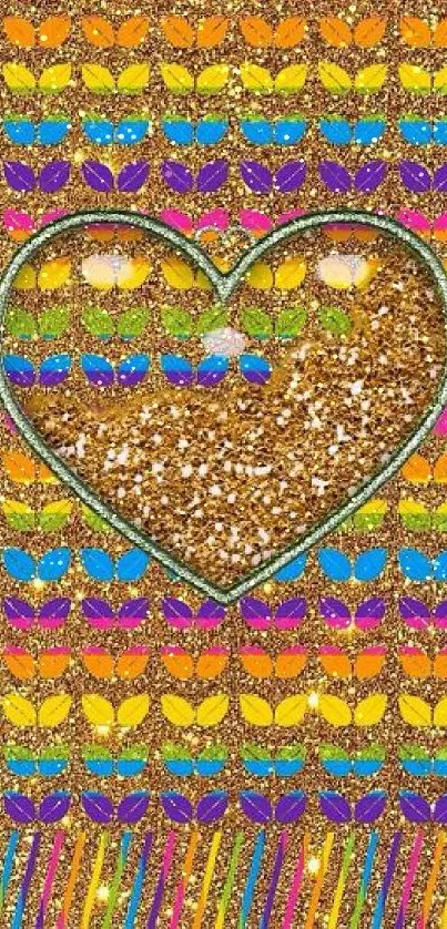 Colorful glittery heart wallpaper with vibrant patterns.