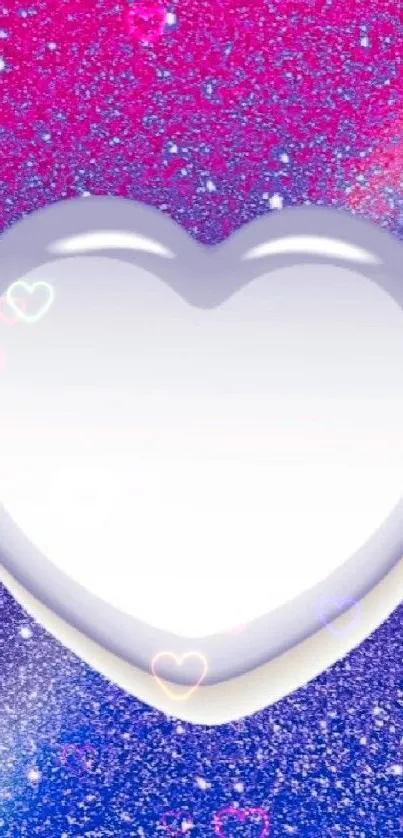 Glossy heart with pink and purple glitter background.