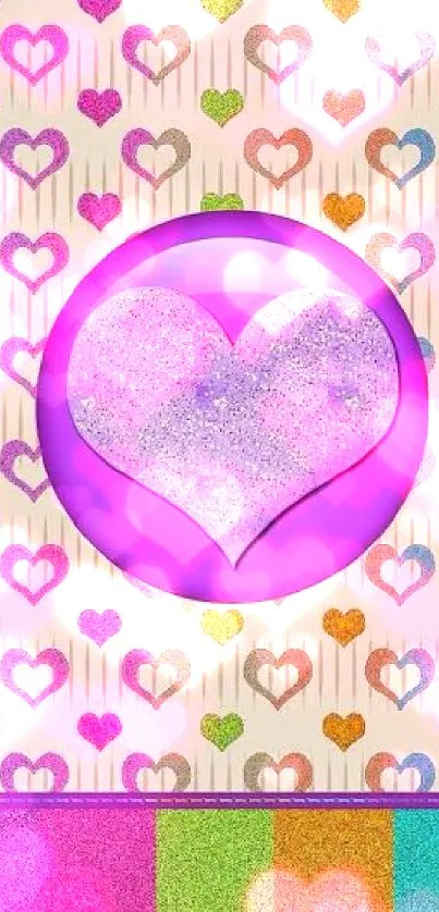 Colorful glitter heart design wallpaper with vibrant purple accents.