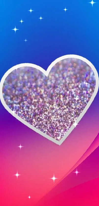 Vibrant heart-shaped glitter wallpaper with blue and pink gradient background.