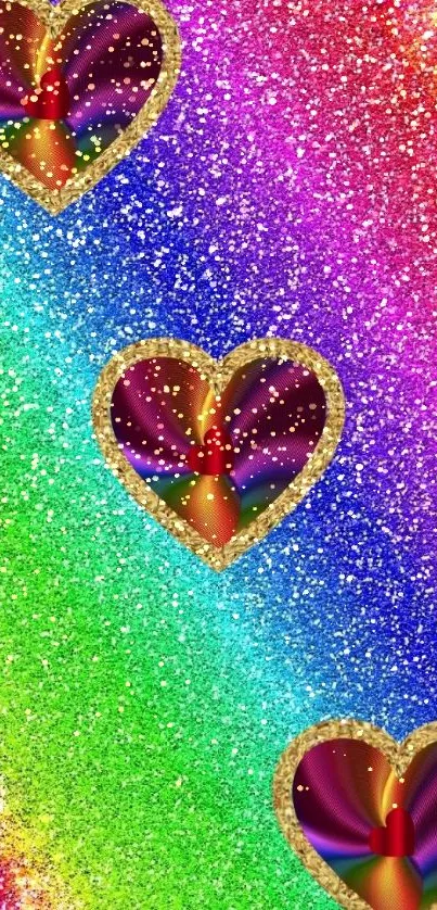 Colorful heart wallpaper with glitter background in rainbow hues.