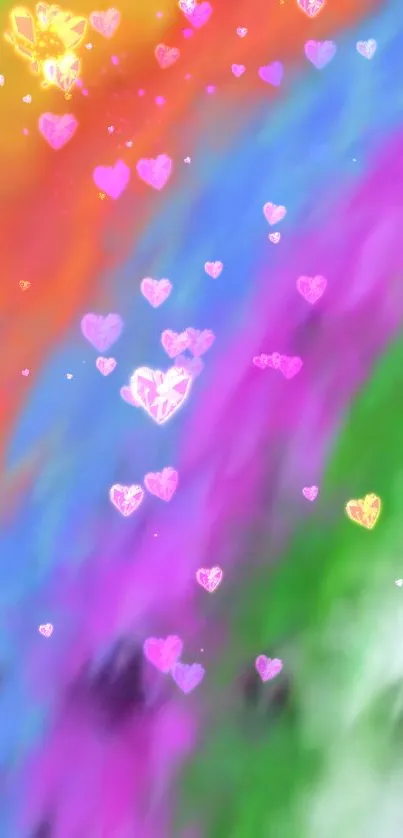 A rainbow gradient wallpaper with floating pink hearts.