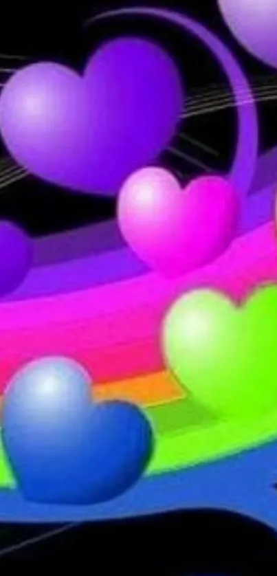 Vibrant wallpaper with floating rainbow hearts.