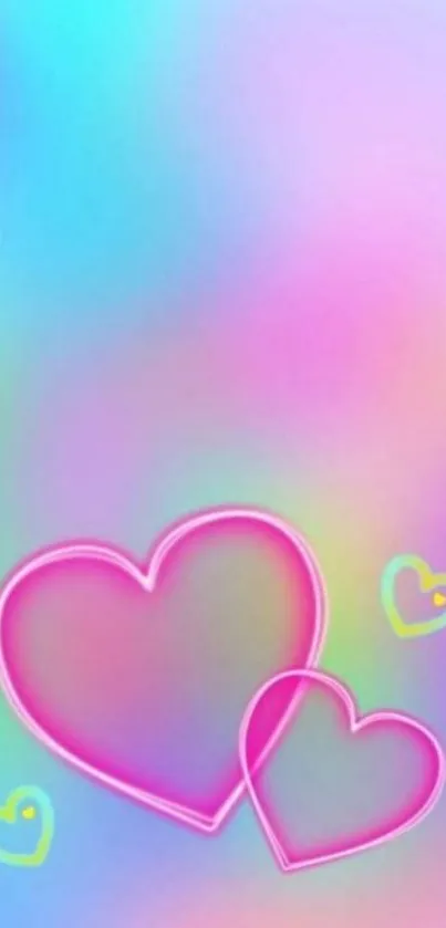 Colorful gradient wallpaper with neon heart designs.