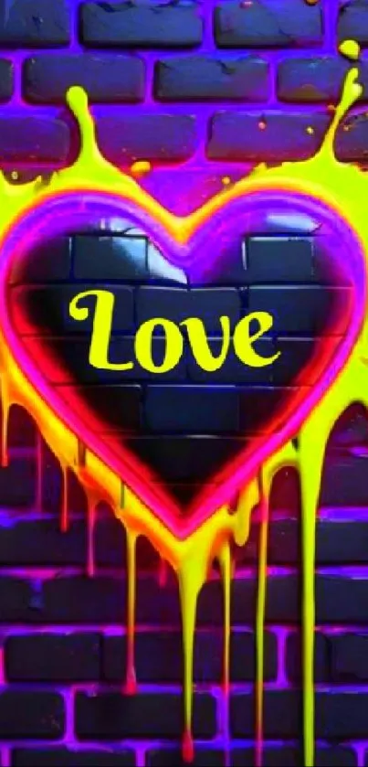 Vibrant graffiti heart on purple brick wall.