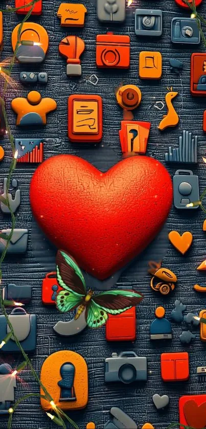 Colorful icons and red heart with butterfly on wallpaper.