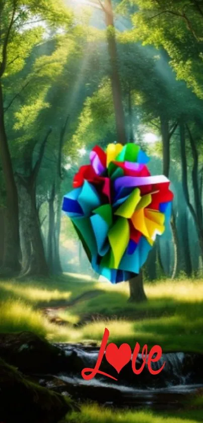 Colorful heart floating in a sunlit forest with love text.