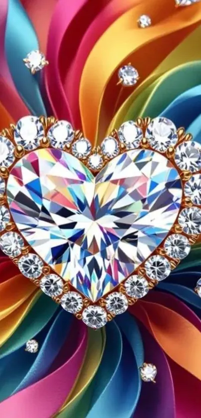Heart-shaped jewel on rainbow swirling background wallpaper.