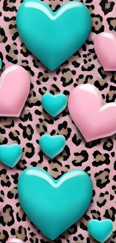 Hearts on a leopard print background in pink and teal tones.