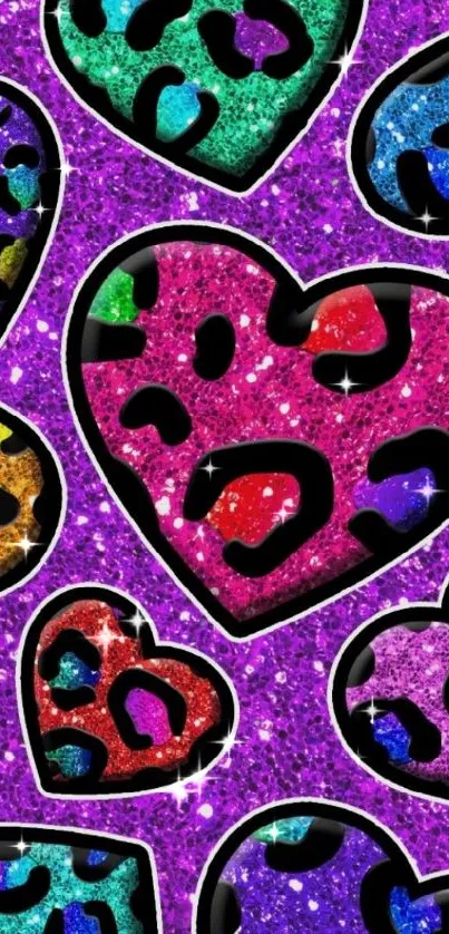 Colorful glitter leopard print hearts on purple background.