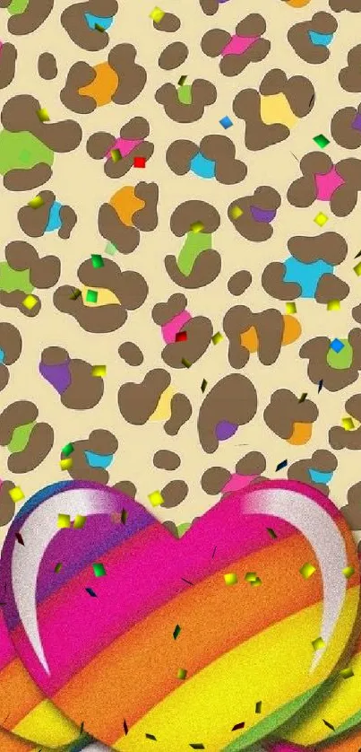 Colorful leopard print wallpaper with rainbow heart designs.