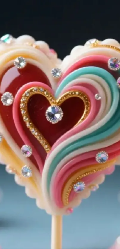 Heart-shaped lollipop with colorful swirls.