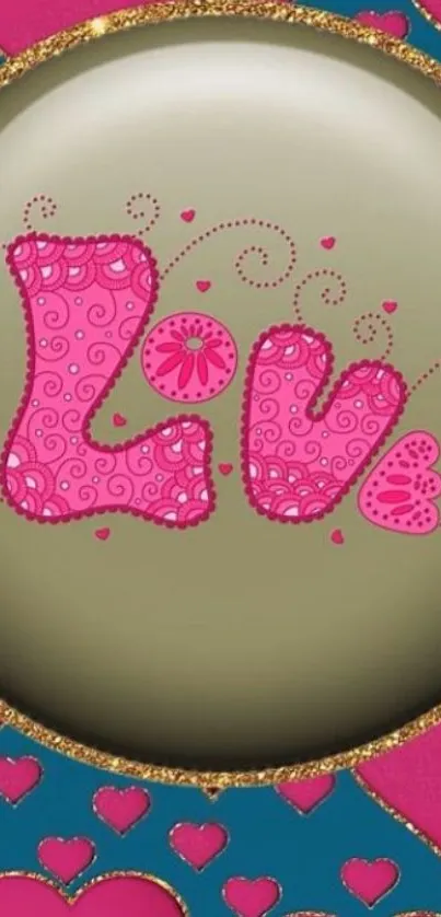 Colorful wallpaper with hearts and 'Love' text on teal background.