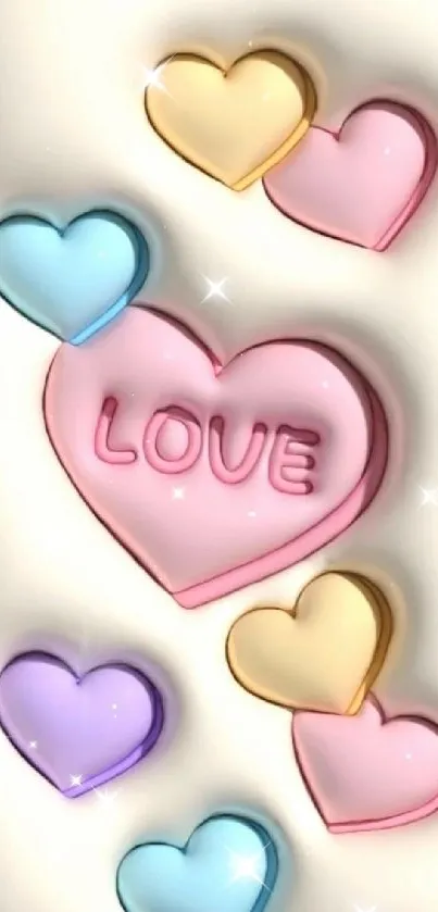 Mobile wallpaper with colorful hearts and pink 'LOVE' heart.