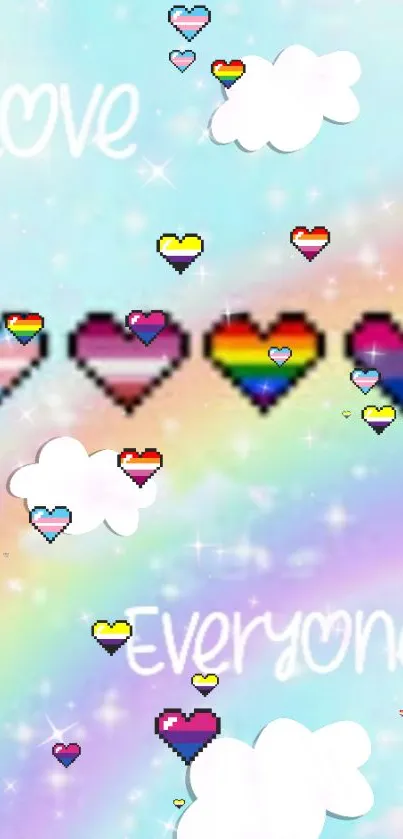 Colorful pixel hearts with 'Love Everyone' on rainbow background.