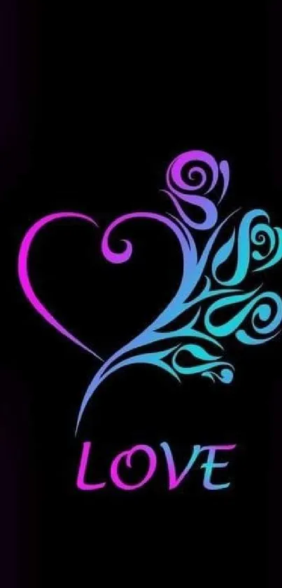 Neon floral heart wallpaper with black background.