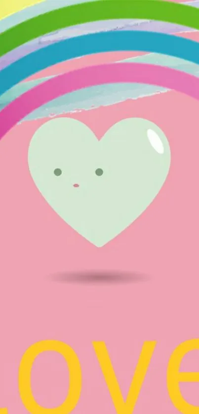 Colorful rainbow heart wallpaper with love message on pink background.