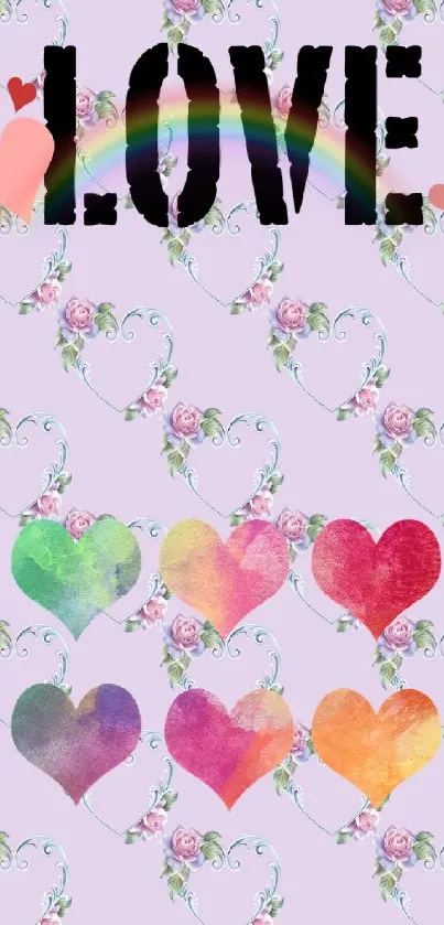 Vibrant wallpaper with colorful hearts and love text on a lavender background.