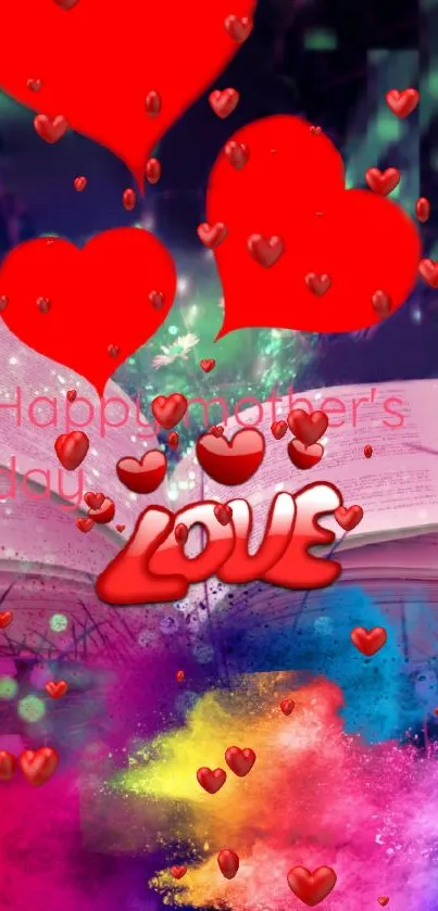 Colorful mobile wallpaper with hearts and love theme for Mother's Day celebration.