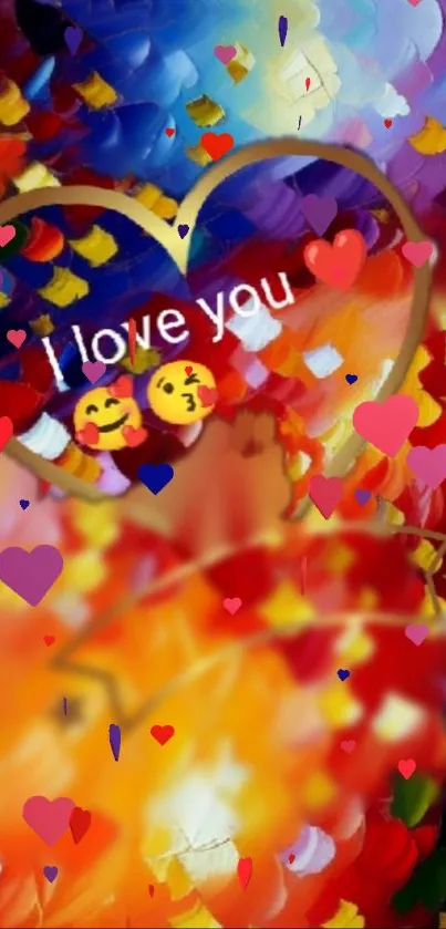 Colorful heart-themed wallpaper with 'I love you' message and emojis.