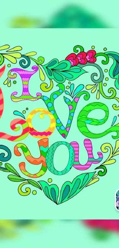 Colorful heart design with love theme, featuring vibrant floral patterns.