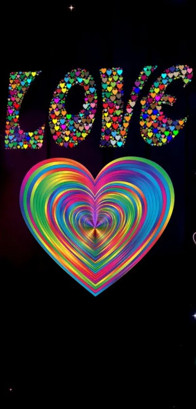 Colorful heart and the word LOVE on a black background.