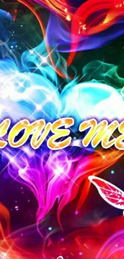 Colorful heart wallpaper with 'LOVE ME' text and butterflies.