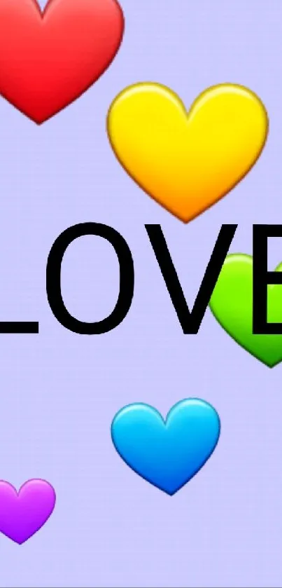 Colorful heart love wallpaper with vibrant emojis on lavender background.