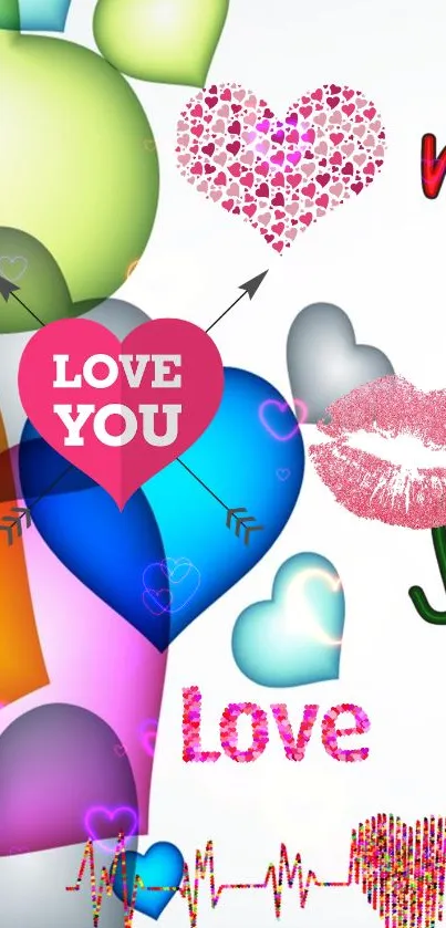 Colorful heart-themed wallpaper with love symbols for mobile phone background.