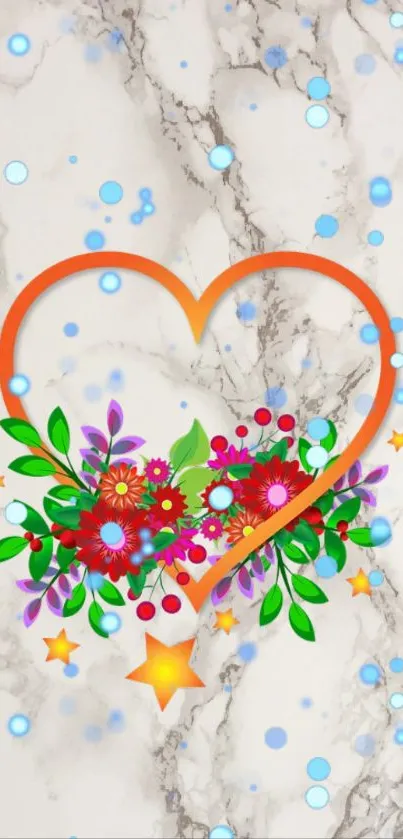 Colorful heart and flowers on marble background wallpaper.