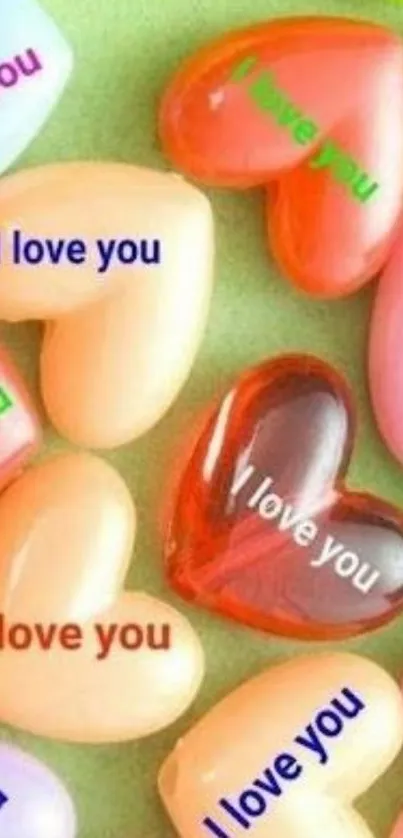 Colorful heart-shaped candies with 'I love you' text.