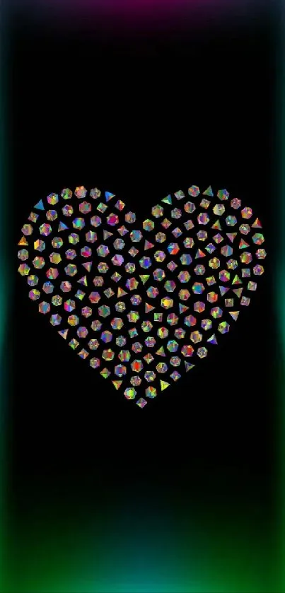 Vibrant heart-shaped design with colorful crystals on black background.