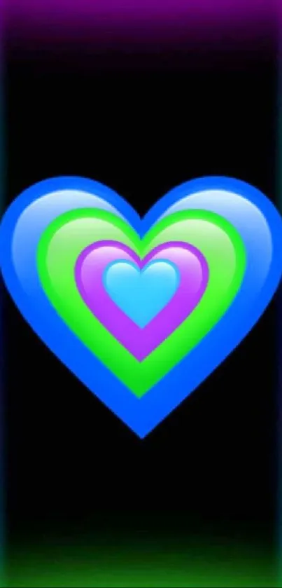 Colorful neon heart mobile wallpaper with blue, green, and purple layers.