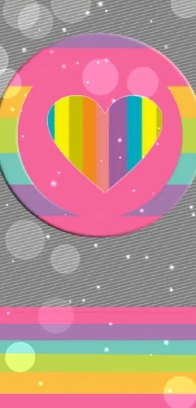 Vibrant mobile wallpaper with a colorful heart and rainbow stripes.