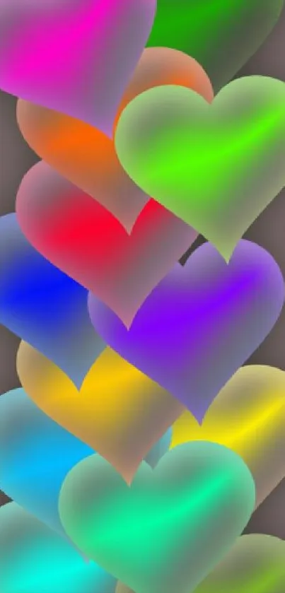 Colorful neon hearts mobile wallpaper with black background.