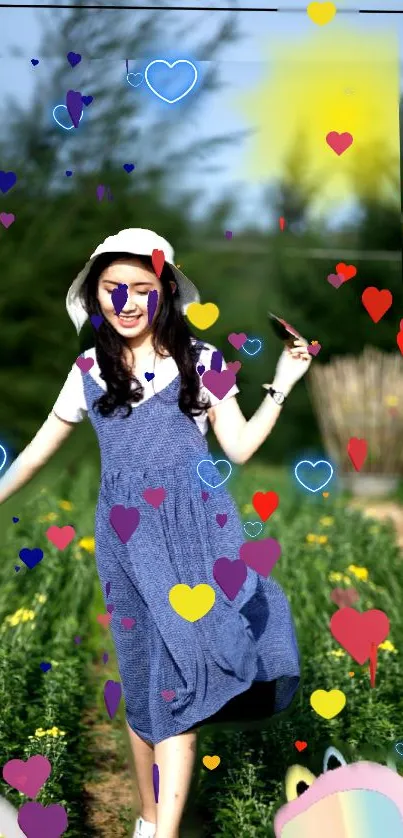 Joyful woman amidst colorful hearts on a sunny day.